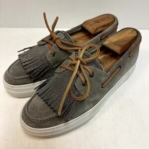 Brunello Cucinelli Gray Suede Fringe Loafers with Tan Leather Laces